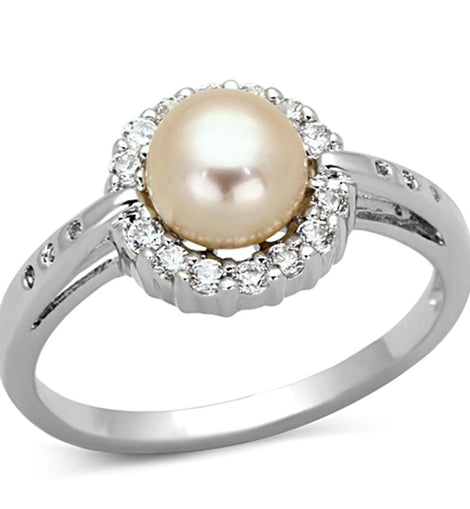 3W487 - Rhodium Brass Ring with Synthetic Pearl in White