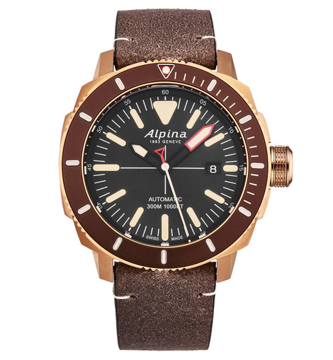 Alpina Men's AL525LBBR4V4 'Seastrong Diver' Black Dial Brown Leather