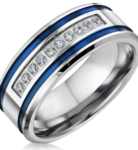 Mens Stainless Steel CZ Blue Stripes Rings for Him